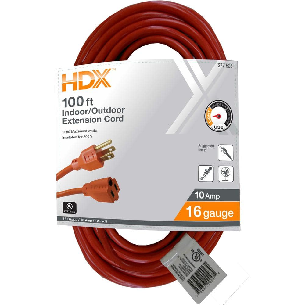 HDX 100 ft. 16/3 Light Duty Indoor/Outdoor Extension Cord, Orange  HD#277-525 The Home Depot