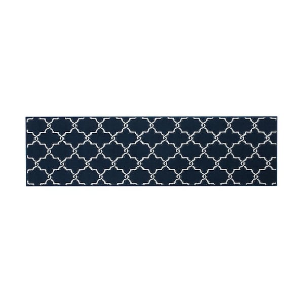 Jean Pierre Washable Non-Skid Navy and White 2 ft. 2 in. x 8 ft. Geometric Runner Rug