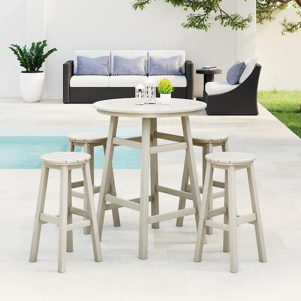 WESTIN OUTDOOR Laguna 5-Piece Bar Height HDPE Plastic Outdoor Patio Round High Top Bistro Dining Set in Sand