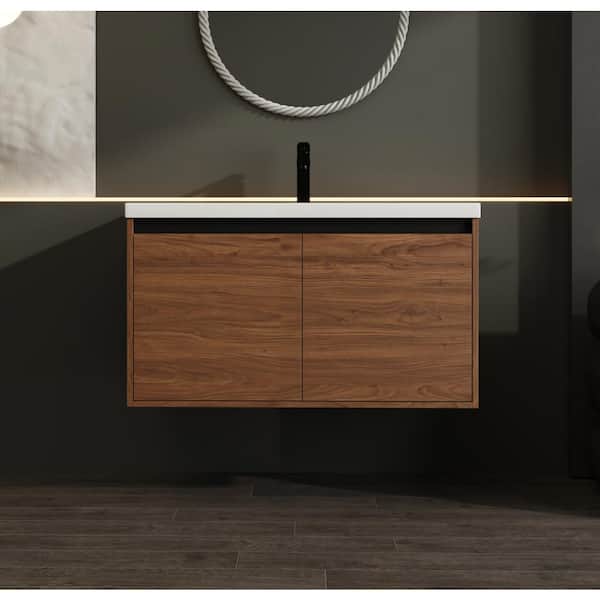 Staykiwi 35.5 in. W x 18.1 in. D x 20.5 in. H Wall Mounted Bath Vanity in Brown with White Culture Marble Top