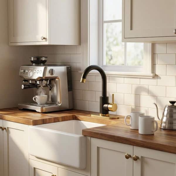 Single Hole Single Handle Stainless Steel Bar Faucet with Swivel Spout and Deckplate in Black and Gold