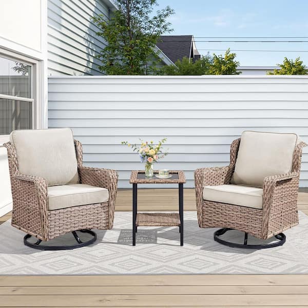 3-Piece Wicker Outdoor Rocking Chair Set for Patio Conversation with Beige Cushions