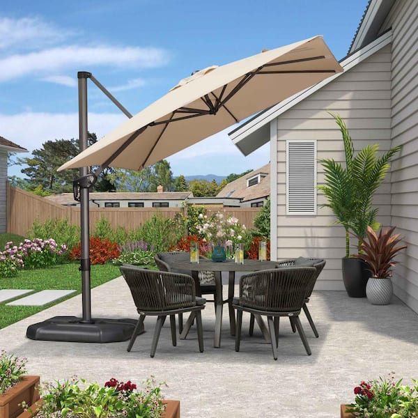 8 ft. Square Aluminum Outdoor Patio Cantilever Umbrella Offset 360° Rotation Umbrella with Base, Beige