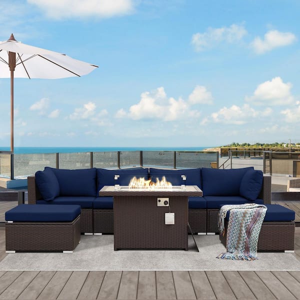 Luxury 7 Pieces Espresso Wicker Patio Fire Pit Coversation Sectional Sofa Set with Ottomans and Navy Blue Cushions