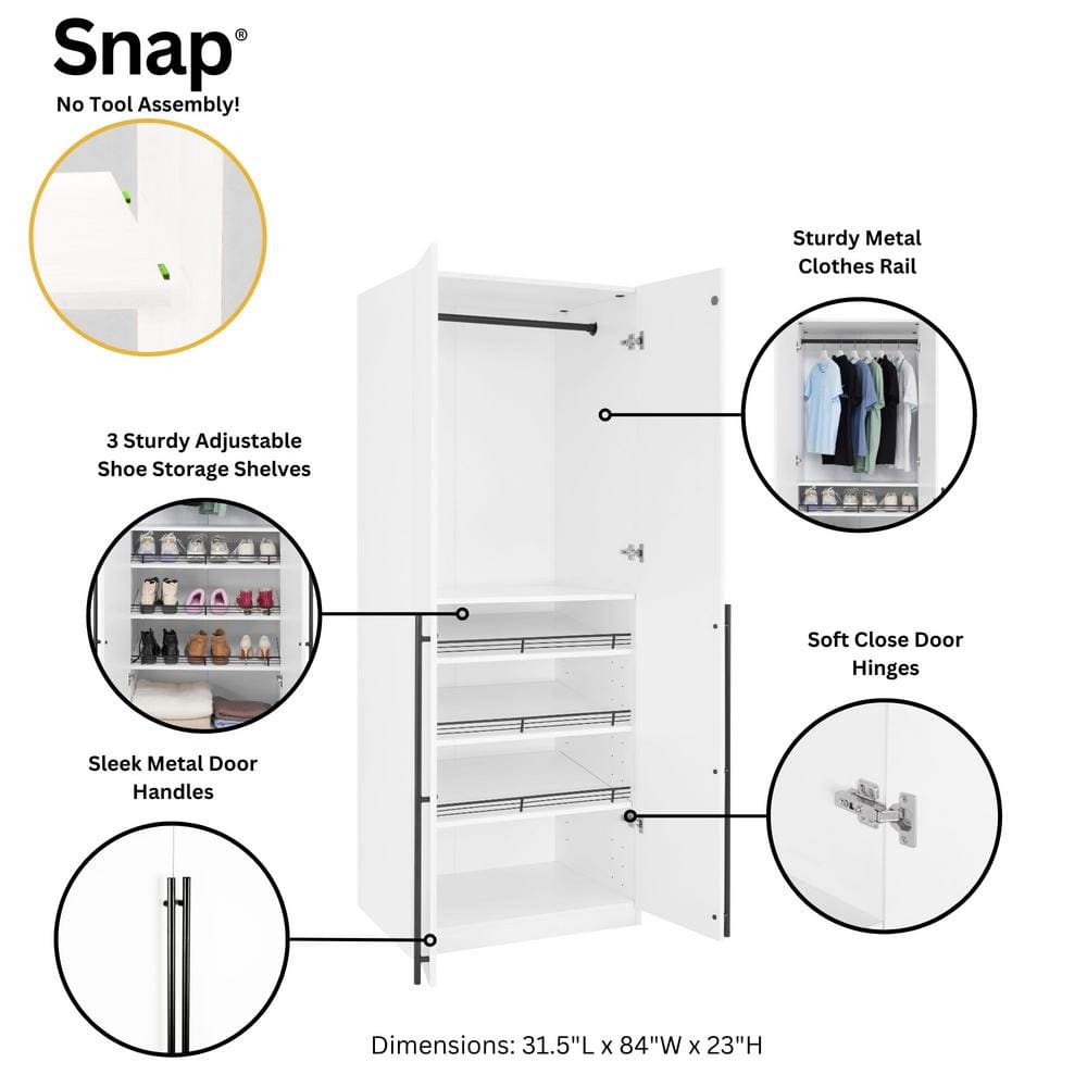 White MDF Freestanding Wardrobe Closet with Black Handles