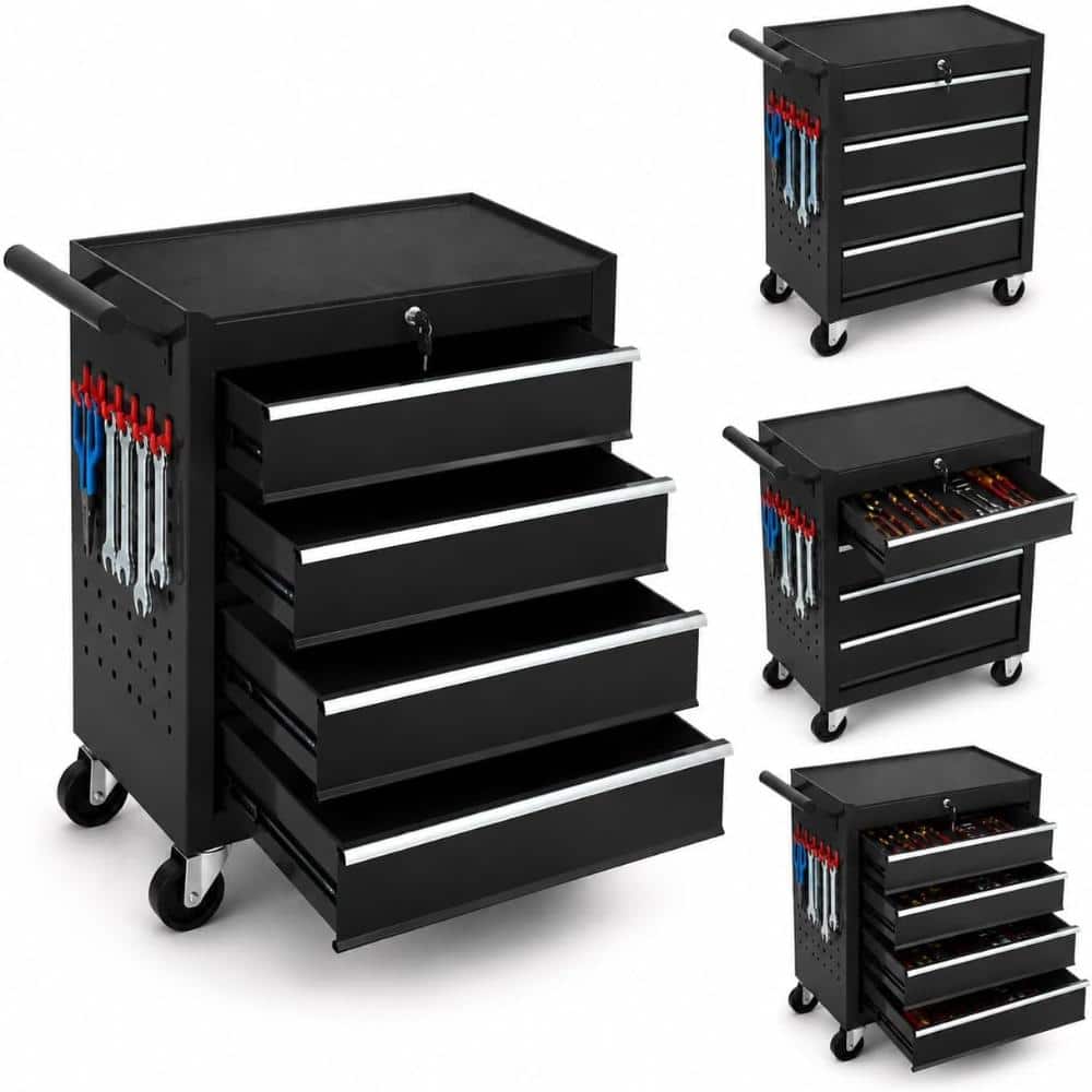 24.5 in. Black 4-Drawer Rolling Tool Chest Tool Storage Cabinet with Lock, Side Hooks & Wheels for Garage Workshop price history on PriceWatchPro