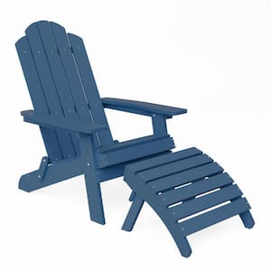 Navy Plastic Outdoor Patio Folding Adirondack Chair with Ottoman