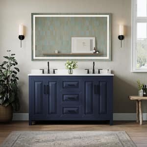 Daria 60 in. Double Freestanding Dark Blue Bath Vanity with White Cultured Marble Top