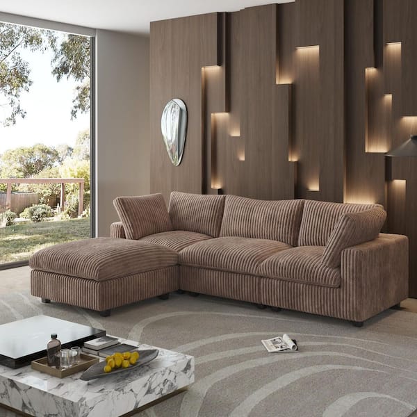 118.11 in. Rabbit Plush Fabric Square Arm 4-Piece L Shaped Modular Sectional Sofa in Brown with Ottoman