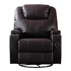 Yingj Brown Soft and Breathable Leather Swivel and Rock Recliner with Cup Holder(Set of 1)