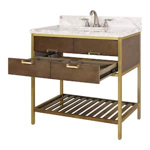36 in. Modular Freestanding Bathroom Vanity Brown Solid Wood Storage Cabinet Carrara Marble Vanity Top