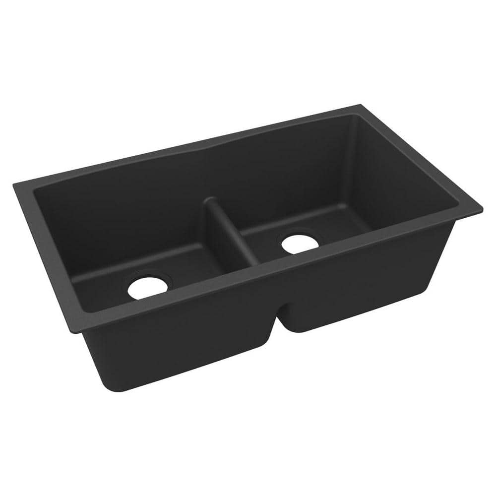 Elkay Quartz Classic 33 in. Undermount Double Bowl Matte Black Granite ...