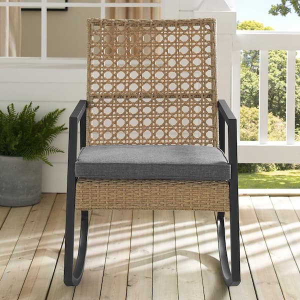 Walker Edison Furniture Company Light Brown Rattan Modern Patio Rocking Chair with Grey Cushion