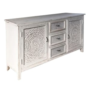Antique White Mango Wood Handcrafted Farmhouse Carved Sideboard Console Buffet with 2-Engraved Doors and 3-Drawers