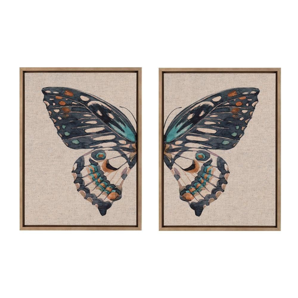 Boho Butterfly Watercolor Canvas Art Set with Gold Frame, 18x24