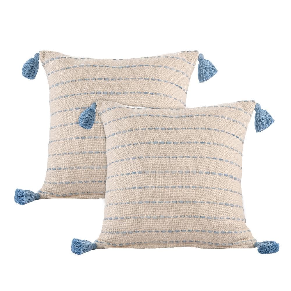 Tara Denim Blue/Ivory Striped Cotton Blend 20 in. x 20 in. Indoor Throw Pil