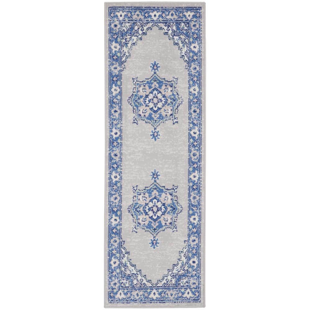 Grey Blue Floral Synthetic Runner Rug 2' x 6'