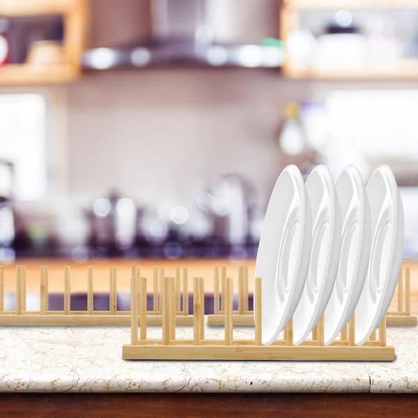 Natural Finish Multifunctional Plate Drying Rack Dish Organizer Practical Bamboo Bowl Lid Storage Rack 6-Pack