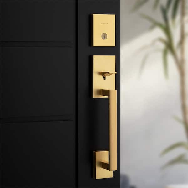 San Clemente Single Cylinder Low Profile Door Handleset w/Square Pismo Knob featuring SmartKey Security in Satin Brass