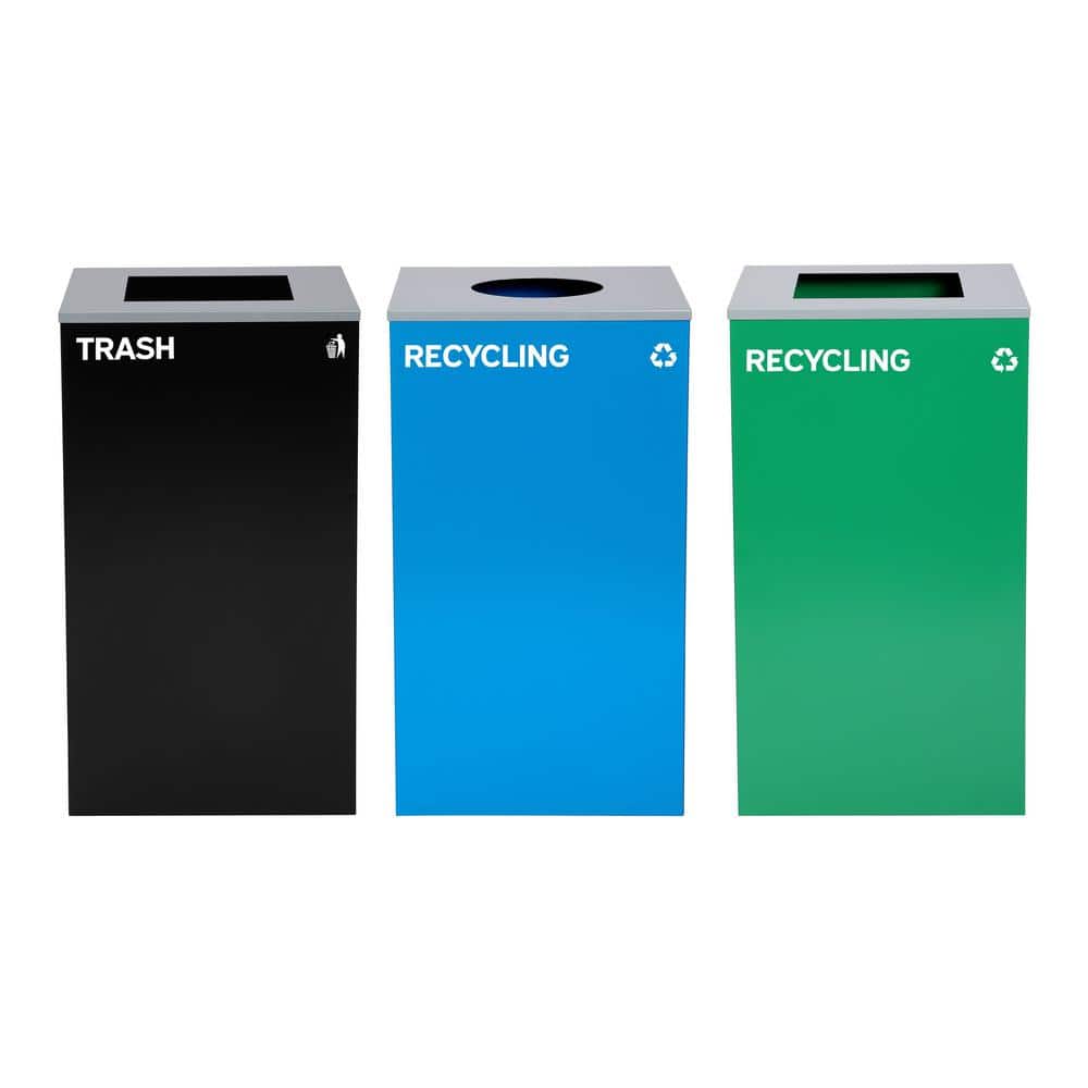 87 Gal. 3-Stream Black, Blue, Green Steel Commercial Trash Can and Recyclin
