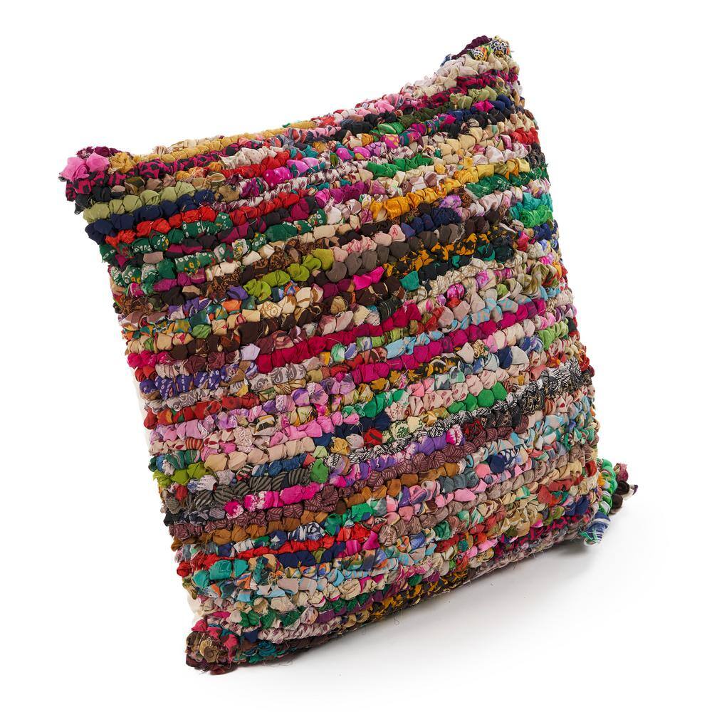 Multicolor Bohemian Striped Chindi Floor Pillow, 26" x 26"
