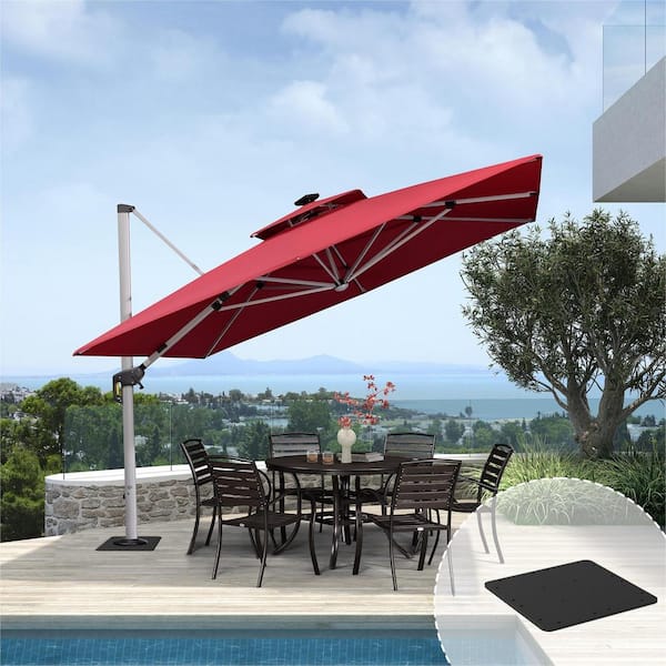 PURPLE LEAF 11 ft. Square Aluminum Solar Powered LED Patio Cantilever Offset Umbrella with Base Plate, Terra