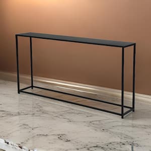 10 in. Black Rectangle Metal Console Table with "X" Side Design and 2-Shelves