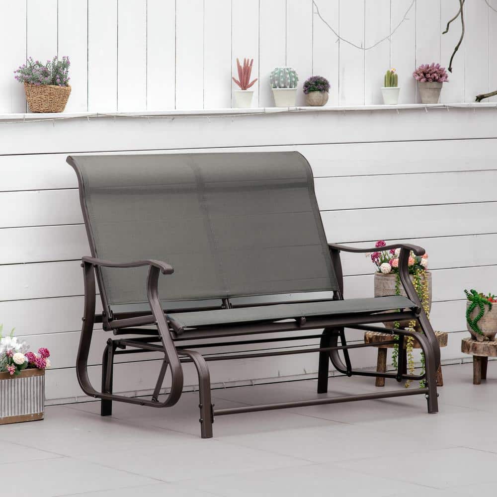 Gray Steel Outdoor Double Glider Bench with Mesh Seat