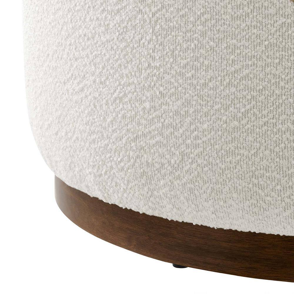Tilden 29" Round White Boucle Ottoman with Walnut Base