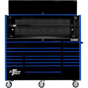 RX Series Professional 72 in. W Hutch and 19-Drawer Roller Cabinet Combo, 150 Slides, Black with Blue Drawer Pulls