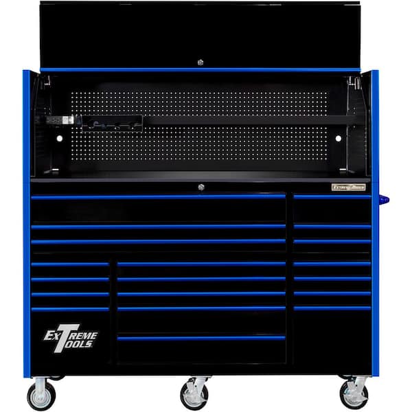 Extreme Tools RX Series Professional 72 in. W Hutch and 19-Drawer Roller Cabinet Combo, 150 Slides, Black with Blue Drawer Pulls