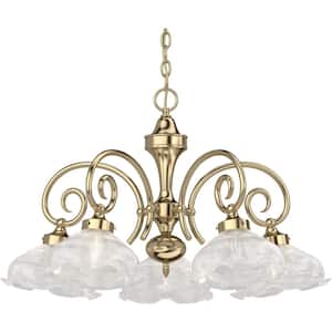 5 Lights Polished Brass Chandelier with Clear ribbed glass shades