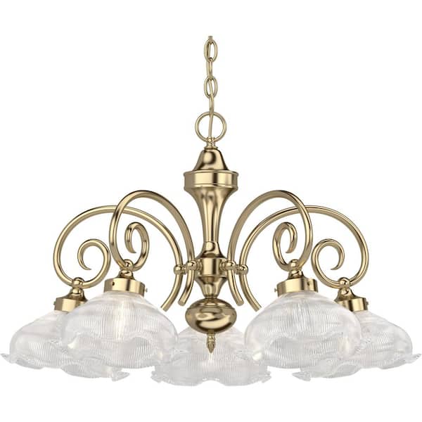 Volume Lighting 5-Lights Polished Brass Chandelier with Clear Ribbed Glass Shades