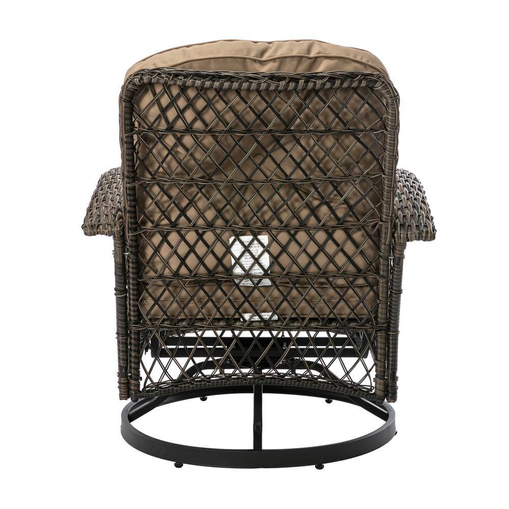 Back view of a dark brown wicker swivel chair.