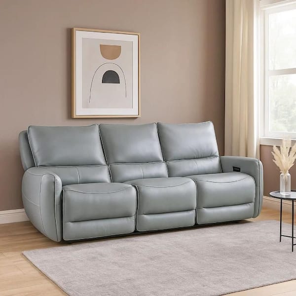 Pono 85 in. Straight Arm Leather Rectangle Power Reclining Sofa Pale Blue