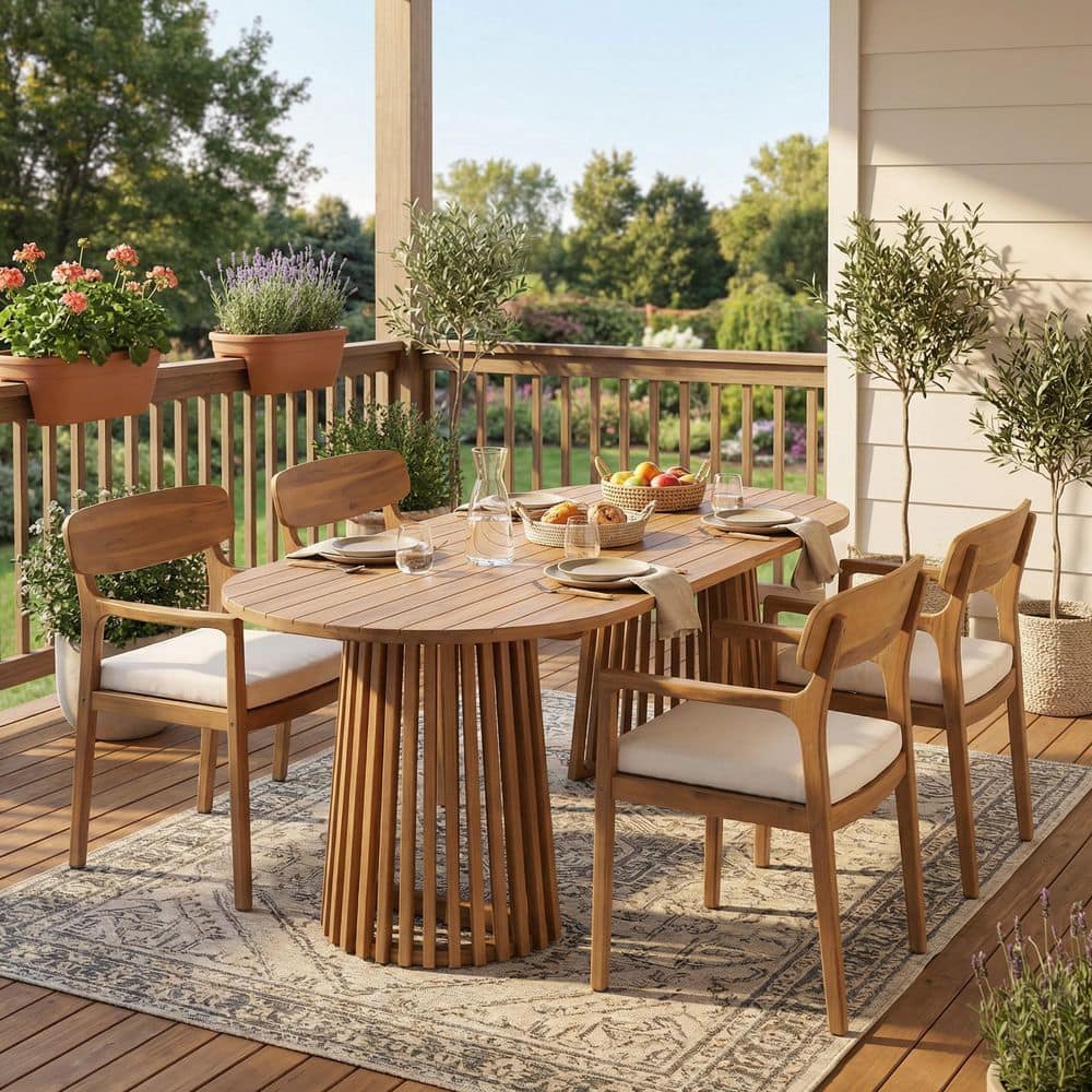Zion 5-Piece Solid Wood Oval Patio Outdoor Dining Set with Beige Cushions and Curved Back, Brown plus Light Teak price history on PriceWatchPro