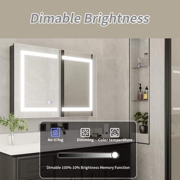 ExBrite 36 in. W x 26 in. H Rectangular Silver Aluminum Recessed/Surface Mount Dimmable Medicine Cabinet with Mirror LED