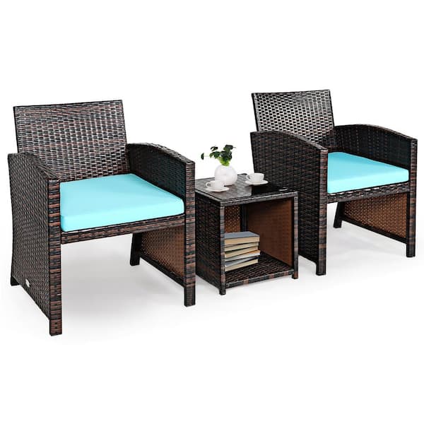 Costway 3-Piece Wicker Patio Conversation Set with Turquoise Cushions Sofa Coffee Table