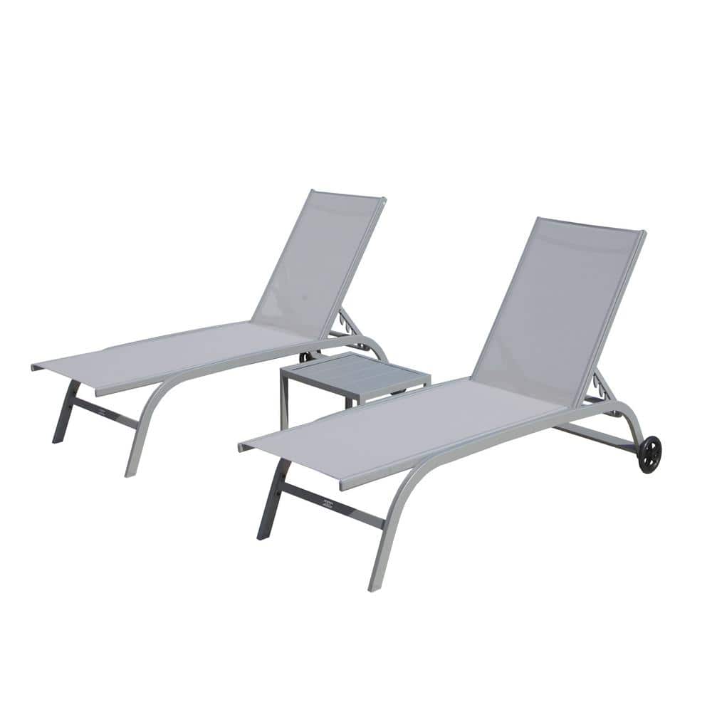 3-Piece Metal Outdoor Chaise Lounge in Light Gray with Wheels and Adjustabl