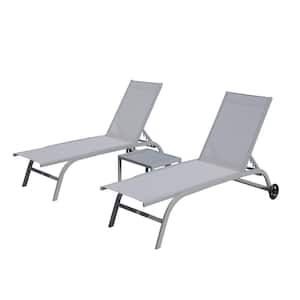 3-Piece Metal Outdoor Chaise Lounge in Light Gray with Wheels and Adjustable Backrest