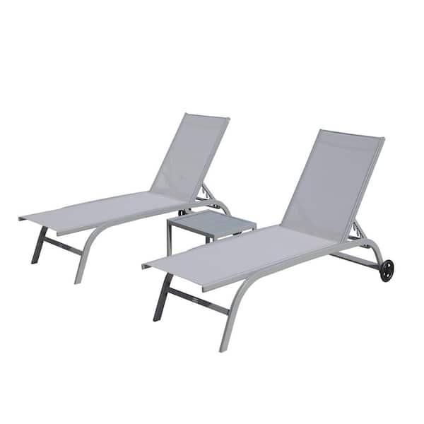 Unbranded 3-Piece Metal Outdoor Chaise Lounge in Light Gray with Wheels and Adjustable Backrest
