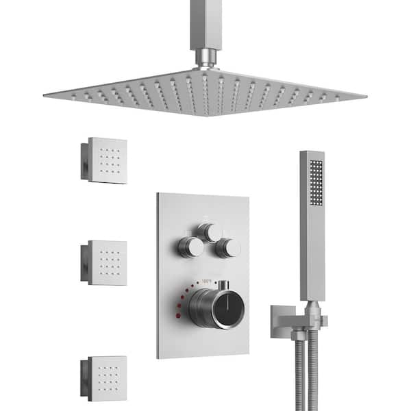GRANDJOY MultiplePress Dual 7-Spray Ceiling Mount 12 in. Square Fixed and Handheld Shower Head 2.5 GPM in Brushed Nickel