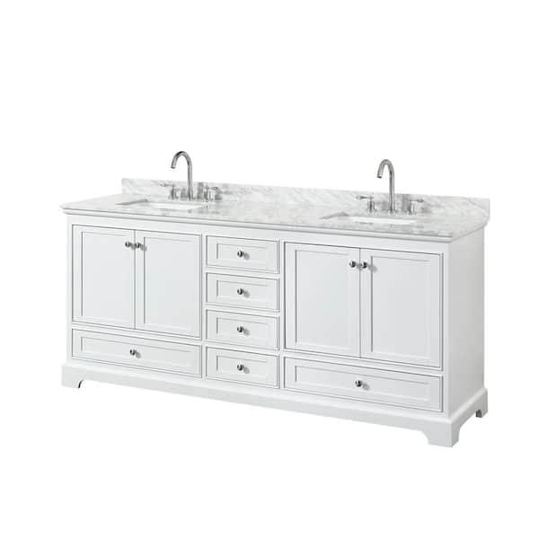 Wyndham Collection Deborah 80 in. W x 22 in. D x 35 in. H Double Bath Vanity in White with White Carrara Marble Top