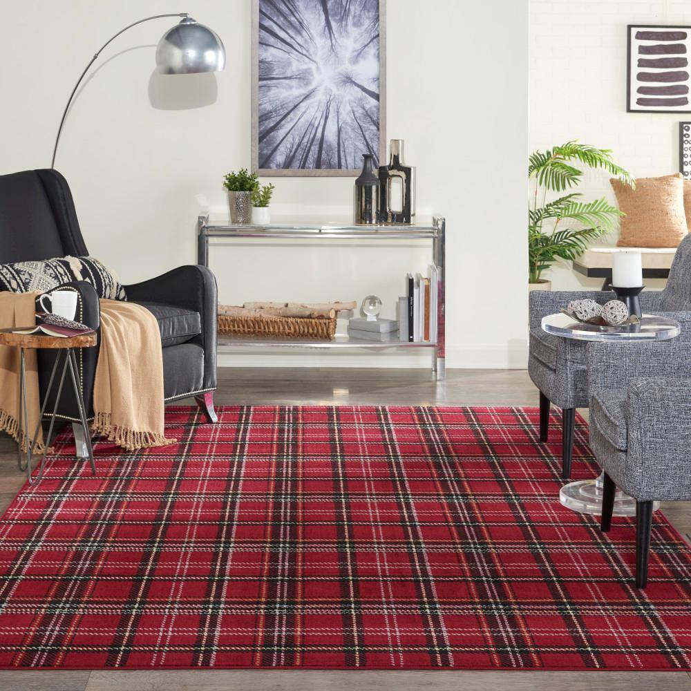 Red Plaid Rectangular Synthetic Area Rug 7' x 10'