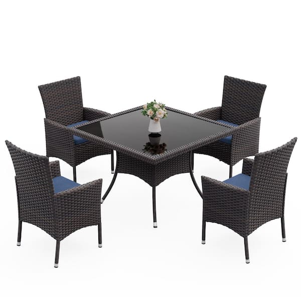 Brown 5-Piece Wicker Outdoor Dining Set with Glass Tabletop, Umbrella Hole and NavyBlue Cushion, Patio, Indoor, Backyard