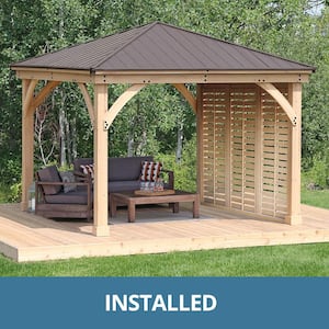 Professionally Installed Meridian 12 ft. x 12 ft. Cedar Patio Gazebo with a 12 ft. Privacy Wall and Brown Aluminum Roof