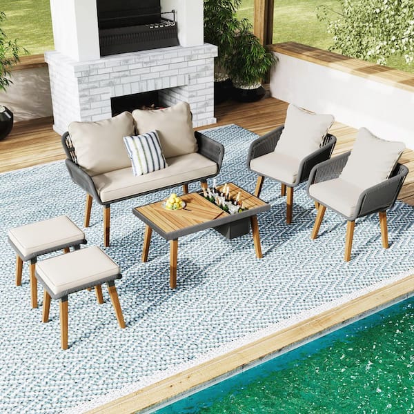 6-Piece Black Woven Rope Metal Patio Conversation Set with Beige Cushions