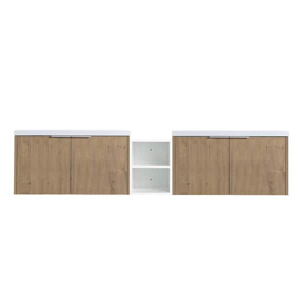 FUNKOL 18 in. W x 84 in. D x 19 in. H 2 Sink Wall Mounted Bath Vanity in Oak with White Resin Top and 1-Storage Shelves
