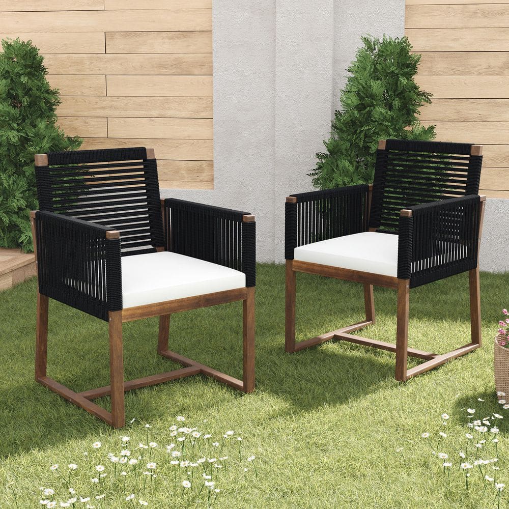 Black Acacia Wood Outdoor Dining Chair with White Washable Cushion and Rope