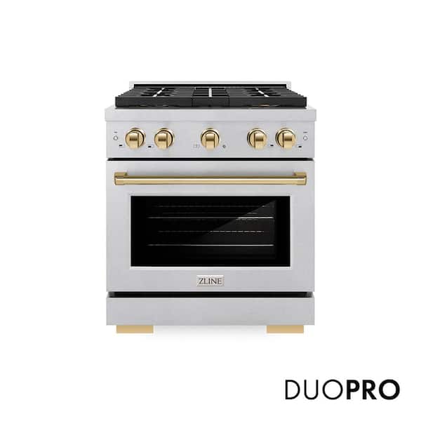 Autograph 30 in. 4.2 cu. ft. Paramount Gas Range with 4-Burner Cooktop and Gas Oven in Satin Stainless and Gold